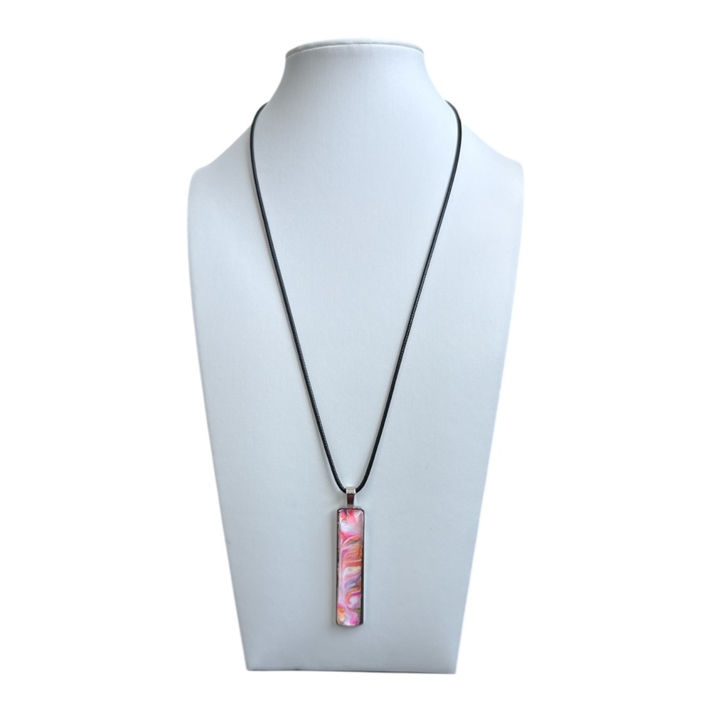 Hand Crafted Fluid Art Bar Necklace Pink Orange White Pendant by Svetlana Yeung